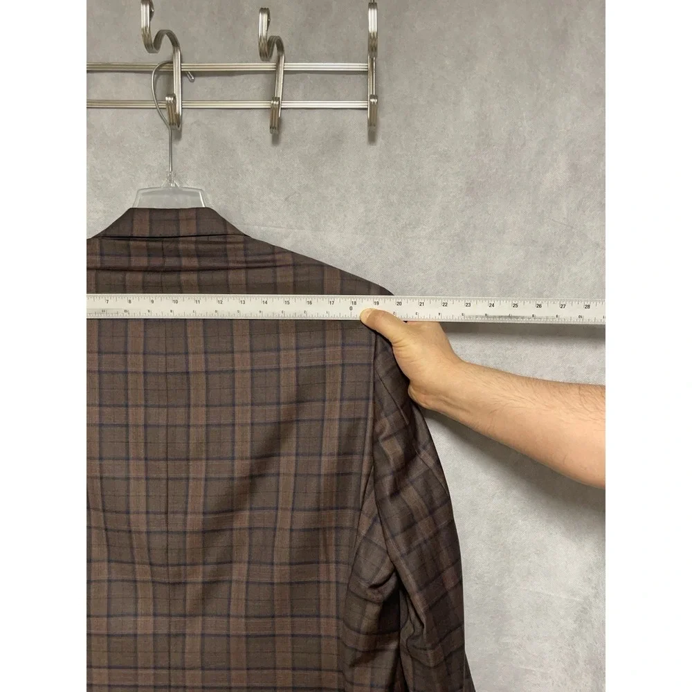 Tom James Blazer Men 44R Brown Blue Tartan Plaid Surgeon Cuffs Flannel Bespoke